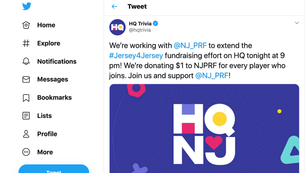 HQ Trivia app raises money for New Jersey's coronavirus fund (Twitter screenshot)