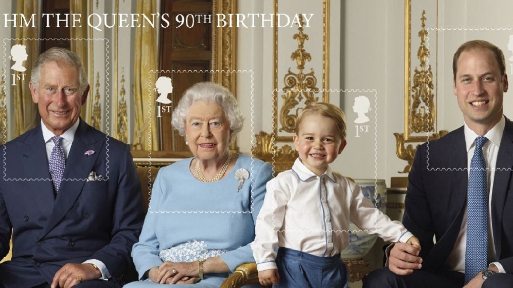 In this image released by the Royal Mail on Wednesday April 20, 2016 four generations of the Royal family, from left, Prince Charles, Britain's Queen Elizabeth II, Prince George and Prince William, the Duke of Cambridge are featured on a stamp sheet to mark the 90th birthday of the Queen. The image was taken in a photo shoot for the Royal Mail in the summer of 2015 in the White Drawing Room at Buckingham Palace in London. (Ranald Mackechnie/Royal Mail via AP) MANDATORY CREDIT