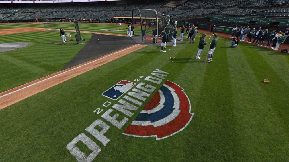 The Oakland Athletics take batting practice before opening day baseball game at the Coliseum in Oakland, Calif., on Thursday, March 28, 2024. (Jose Carlos Fajardo/Bay Area News Group via AP)