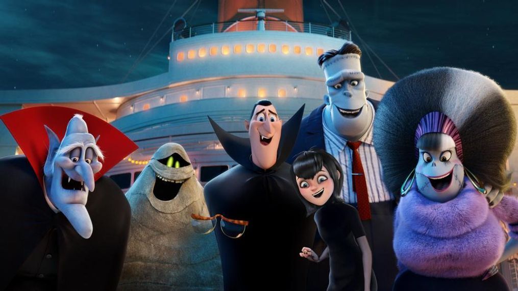 Vlad (Mel Brooks), Murray the Mummy (Keegan-Michael Key), Invisible Man (David Spade), Dracula (Adam Sandler), Mavis (Selena Gomez), Frank (Kevin James) and Eunice (Fran Drescher) in Columbia Pictures and Sony Pictures Animation's "HOTEL TRANSYLVANIA 3: SUMMER VACATION." (Sony)