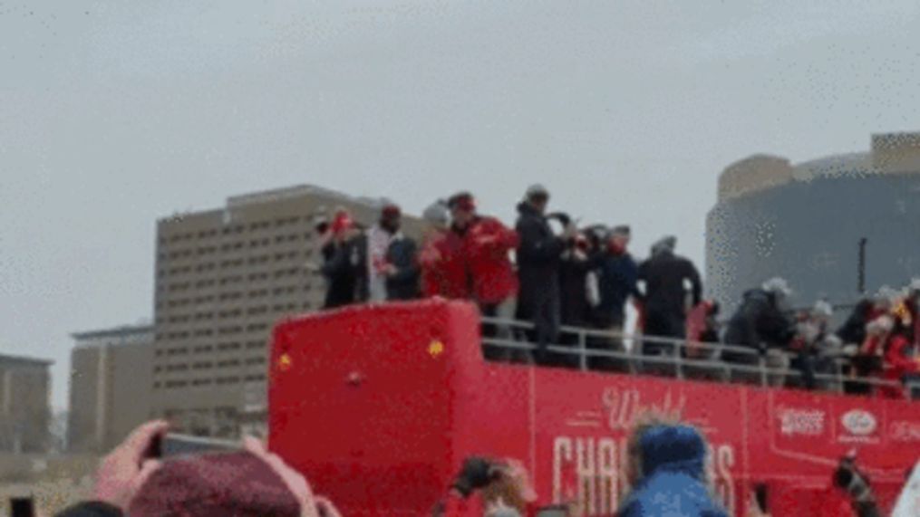 Patrick Mahomes throws football to Kansas City fans (Brett Jones via Storyful)