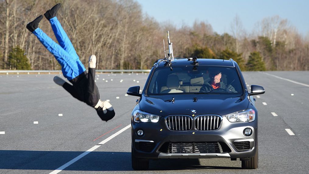 The X1, which comes with BMW’s Daytime Pedestrian Detection system, didn’t brake at all in the 37 mph parallel adult test, sending the dummy airborne. In the other tests, the luxury SUV didn’t slow in time to avoid hitting the dummies. (Image courtesy of the Insurance Institute for Highway Safety)