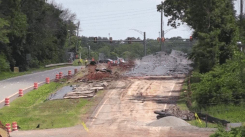 Video shows road unearthing during controlled blasting in Virginia (VDOT via Storyful)