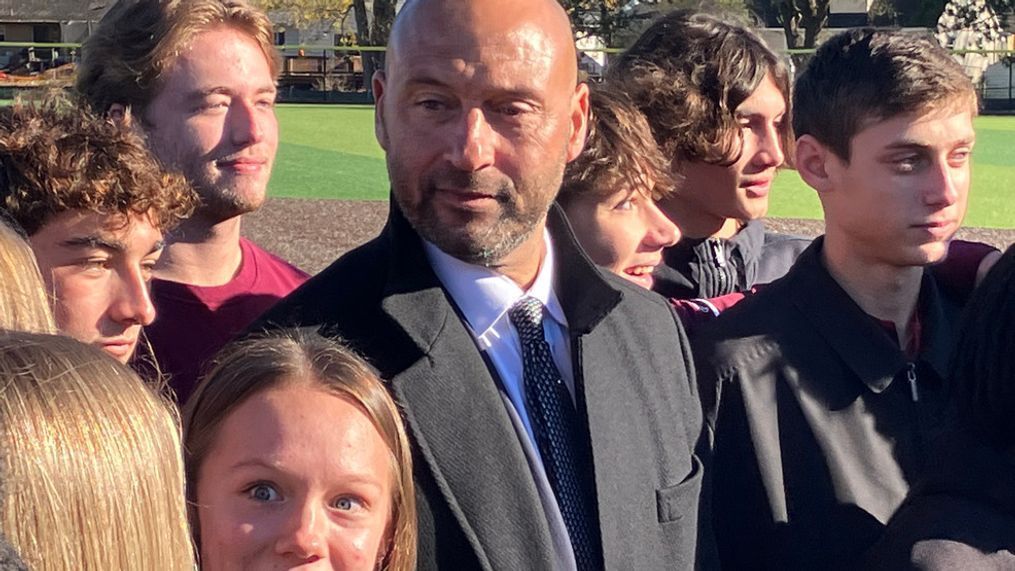 Baseball Hall of Famer and Kalamazoo native Derek Jeter meets with students Nov. 14, 2023, during the unveiling of Kalamazoo Central's baseball and softball fields. (WWMT)