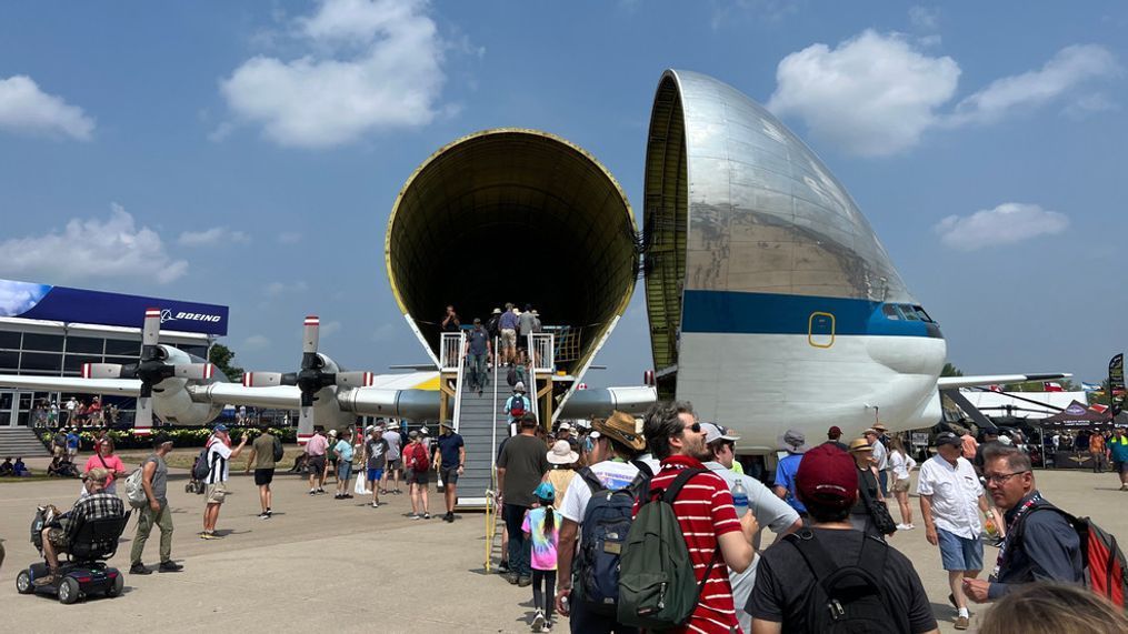 NASA's Super Guppy, a specialized aircraft with a unique hinged nose, on display at Boeing Plaza at EAA AirVenture 2023, July 25, 2023. (WLUK/Lexi Schroeder)