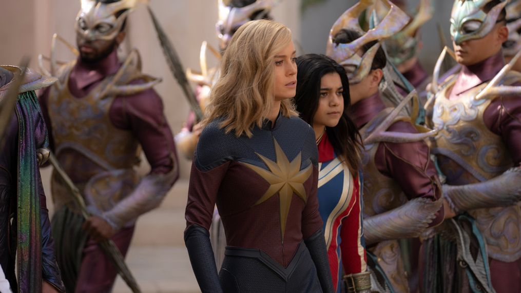 (L-R): Brie Larson as Captain Marvel/Carol Danvers and Iman Vellani as Ms. Marvel/Kamala Khan in Marvel Studios' THE MARVELS. Photo by Laura Radford. Â© 2023 MARVEL.