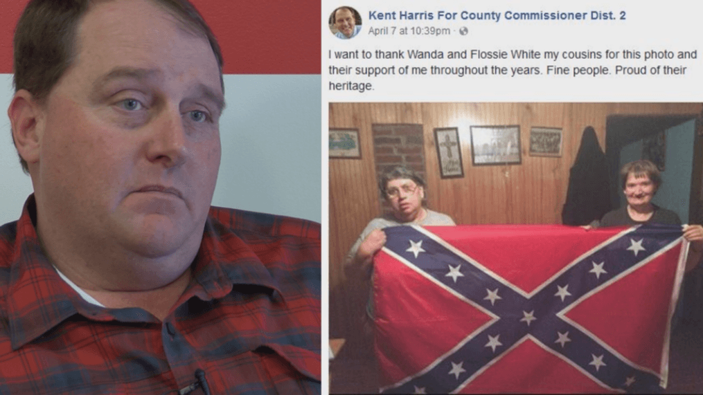 Kent Harris is standing by his decision to post a picture to his campaign Facebook page of two women holding a Confederate flag (WCYB)