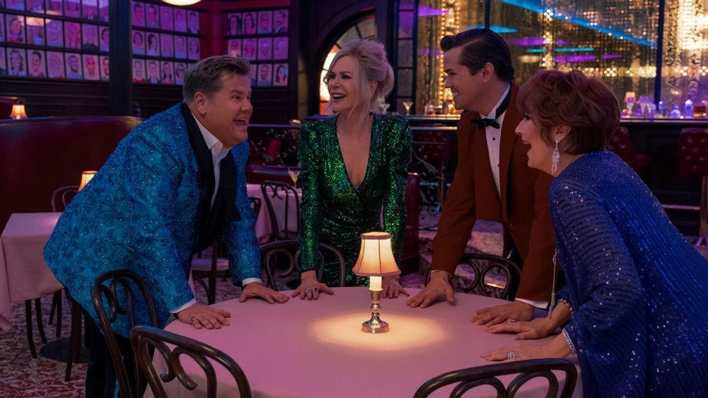 THE PROM (L to R) JAMES CORDEN as BARRY GLICKMAN, NICOLE KIDMAN as ANGIE DICKINSON, ANDREW RANNELLS as TRENT OLIVER, MERYL STREEP as DEE DEE ALLEN in THE PROM. Cr. MELINDA SUE GORDON/NETFLIX ? 2020