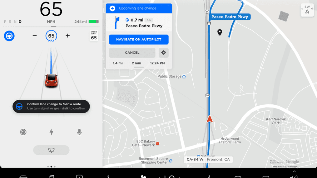 The user interface of Tesla Navigate as it confirms a lane change. (Image courtesy of Tesla Inc.)