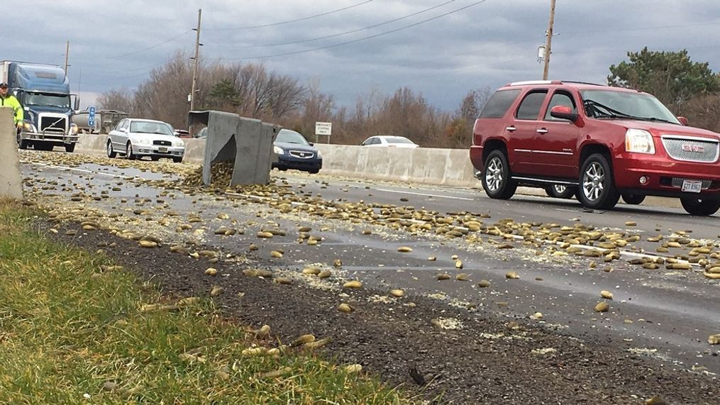 Two semis crashed on Wednesday, Nov. 27, 2019, along I-75 south, near Northwoods Boulevard. One driver appeared to have sustained an injury. (Dayton 24/7 Now photo)