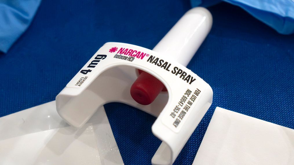 FILE - A container of Narcan, a brand name version of the opioid overdose-reversal drug naloxone, sits on a table following a demonstration at the Health and Human Services Humphrey Building on Friday, Sept. 8, 2023, in Washington. (AP Photo/Mark Schiefelbein, File)