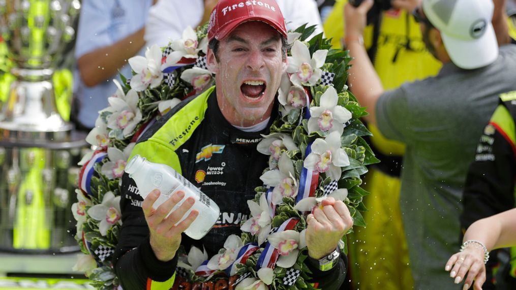 Simon Pagenaud, of France, celebrates after winning the Indianapolis 500 IndyCar auto race at Indianapolis Motor Speedway, Sunday, May 26, 2019, in Indianapolis. (AP Photo/Darron Cummings)