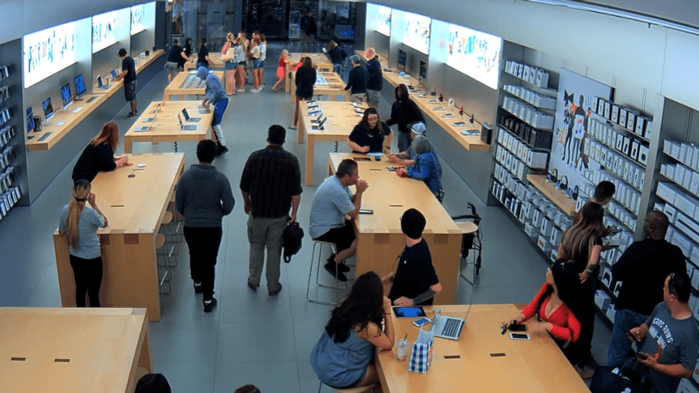 A group of people was caught on camera running into a Fresno Apple Store and stealing $27,000 worth of products. (Fresno Police Department){&nbsp;}