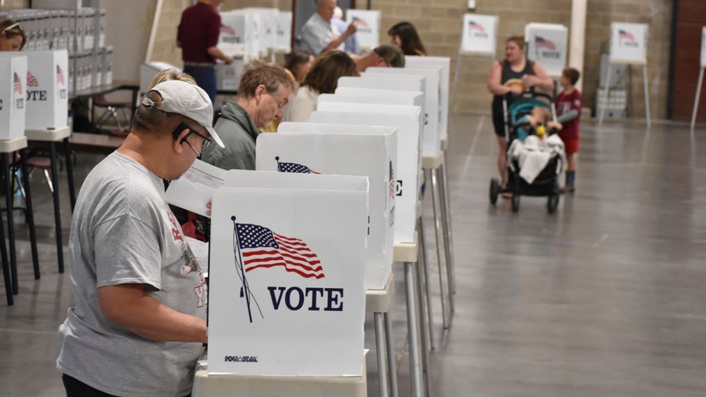 Voters cast ballots at the MetraPark events center, Tuesday, June 4, 2024, in Billings, Mont. (AP Photo/Matthew Brown)