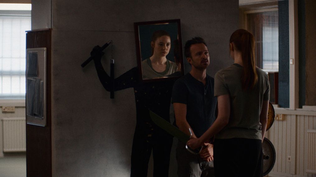 Aaron Paul and Karen Gillan appear in DUAL by Riley Stearns, an official selection of the U.S. Dramatic Competition at the 2022 Sundance Film Festival. (Courtesy of Sundance Institute)