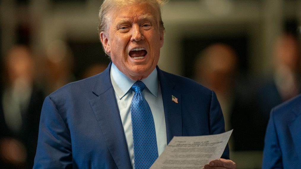 Former President Donald Trump speaks to reporters as he arrives for his trial at Manhattan Criminal Court, Thursday, May 9, 2024, in New York. (Steven Hirsch/New York Post via AP, Pool)