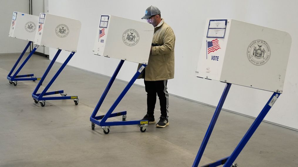 A voter fills out his ballot at a polling site in Manhattan, New York, Tuesday, April 2, 2024. (AP Photo/Seth Wenig)