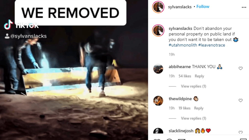 Sylvan Christensen, who has almost 30 thousand followers on TikTok and over 14,800 followers on Instagram, posted a video of the monolith in a wheelbarrow being carried away. The faces of the people removing the structure are  blurred. (Photo: Screengrab from Instagram / Sylvanslacks){&nbsp;}