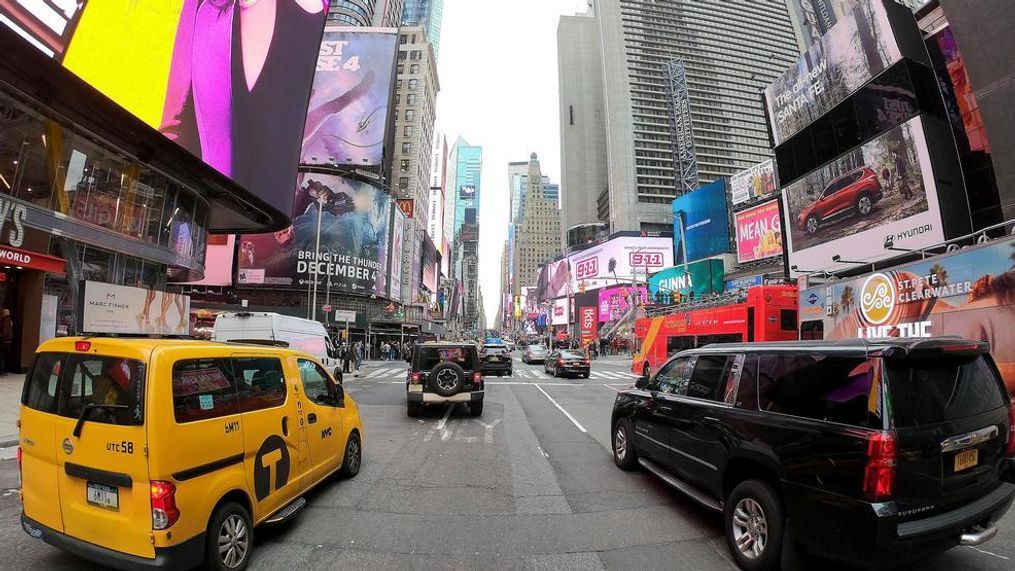 Motorists roll south on 7th Avenue in Times Square, Friday, March 29, 2019, in New York. A congestion toll that would charge drivers to enter New York City's central business district is a first for an American city. State legislators included it in the New York state budget that was approved Monday. (AP Photo/Julie Jacobson)