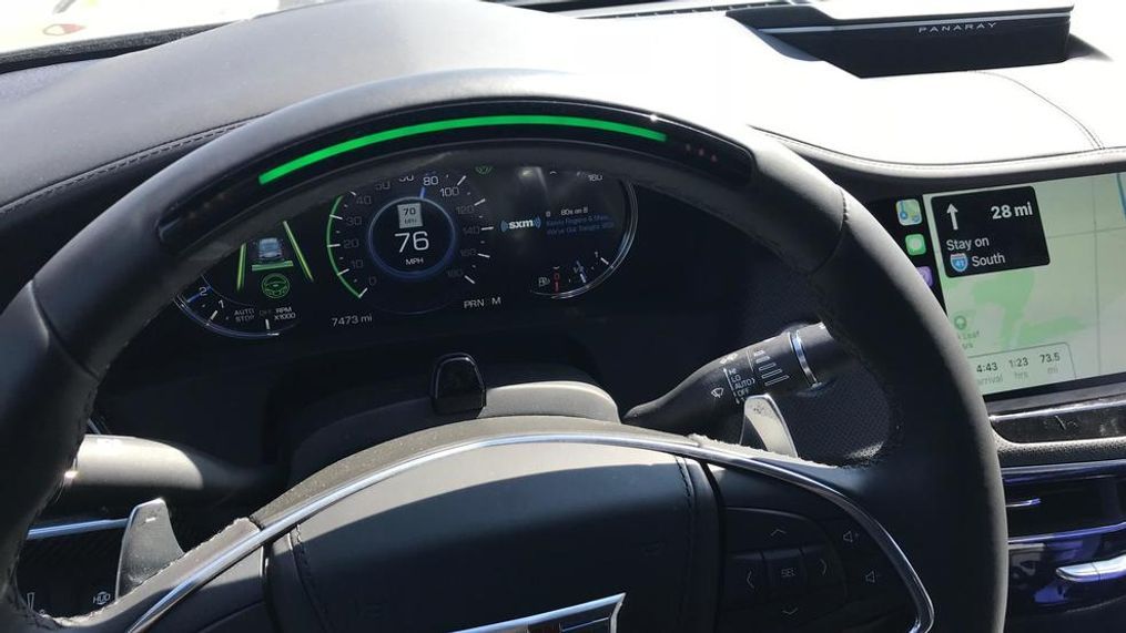 The green light at the top of the steering wheel indicates that Cadillac's Super Cruise is engaged. Photo taken in a 2018 Cadillac CT6. (Sinclair Broadcast Group / Jill Cimiinillo)