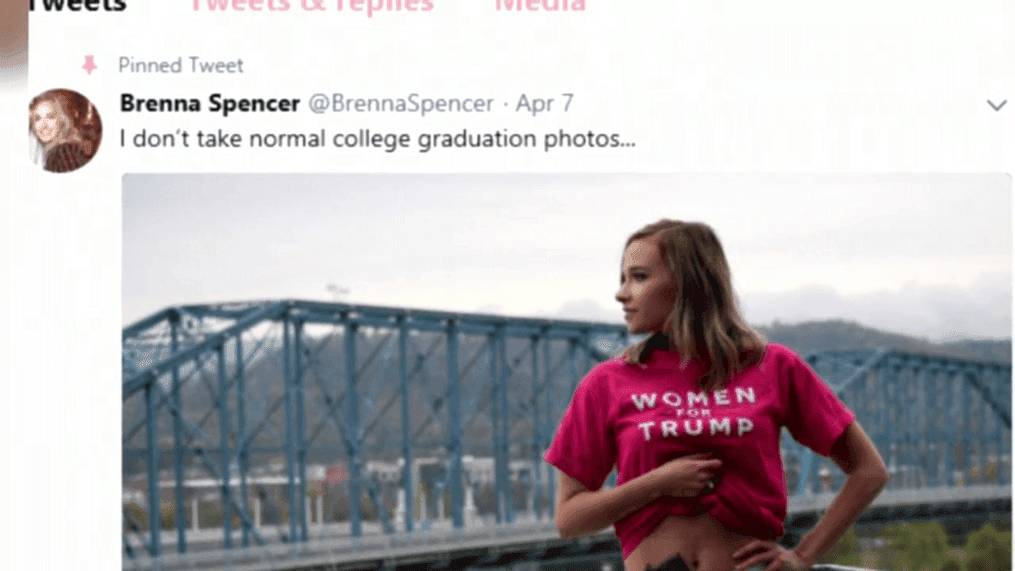 A picture taken in Chattanooga showing a woman wearing a pro-Trump shirt with what appears to be a gun in her jeans is getting strong reaction on Twitter.{&nbsp;}(Image: Twitter.com/brennaspencer)