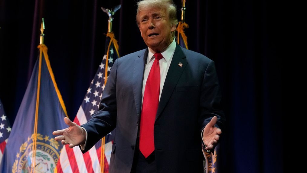 Republican presidential candidate former President Donald Trump taking the stage during a campaign stop in Rochester, N.H., Sunday, Jan. 21, 2024. (AP Photo/Charles Krupa)