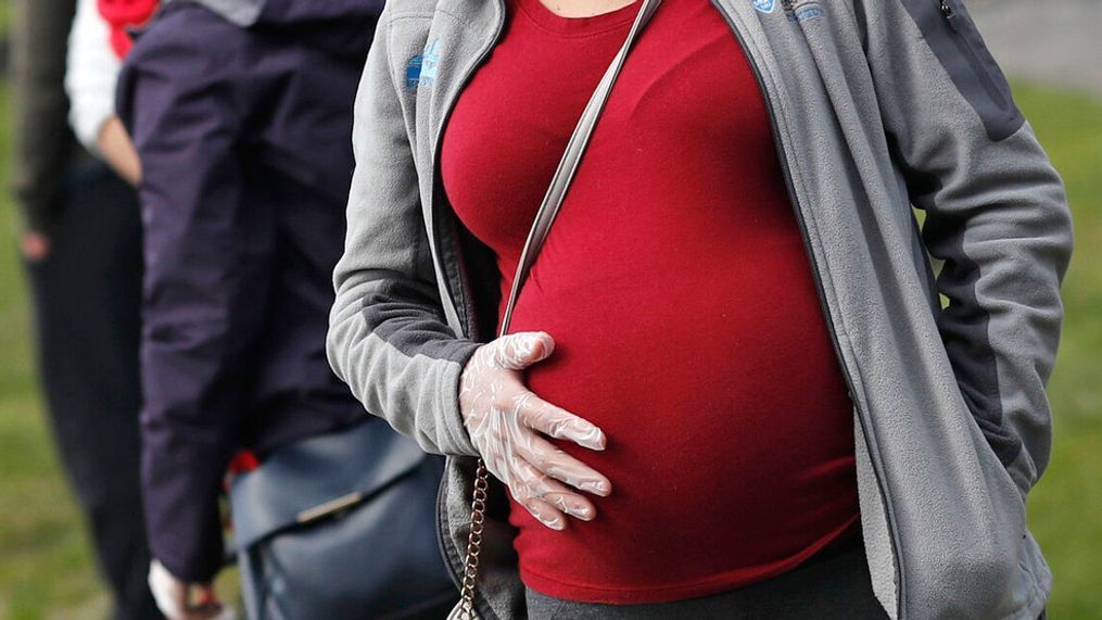 FILE - In this May 7, 2020 file photo, a pregnant woman wearing a face mask and gloves holds her belly as she waits in line for groceries at St. Mary's Church in Waltham, Mass. (AP Photo/Charles Krupa, file)