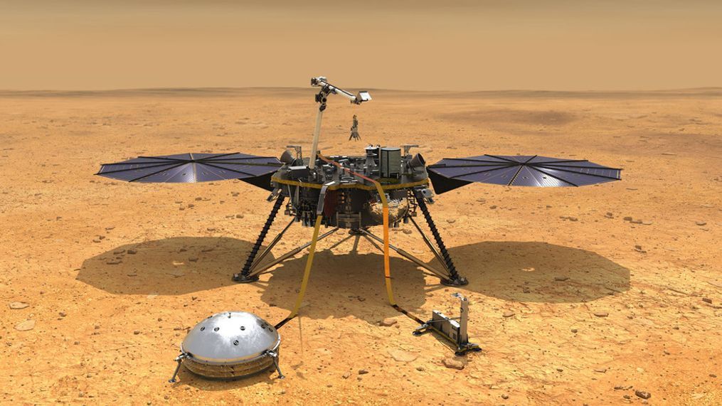 This artist's concept depicts NASA's InSight lander after it has deployed its instruments on the Martian surface. (Credit{&nbsp;}NASA/JPL-Caltech)