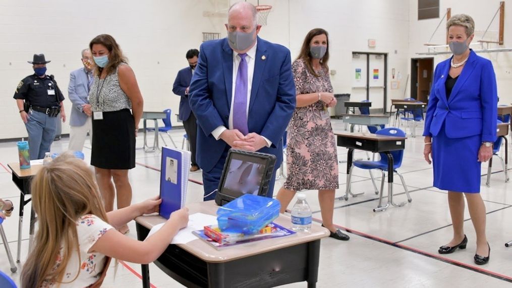 Maryland Gov. Larry Hogan tours a classroom that has some students physically present for learning on September 8, 2020. (ABC7)