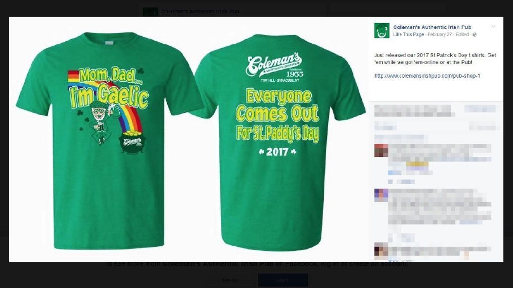 Funny or foul? St. Patrick's Day T-shirts stir up controversy. (Facebook/Coleman's Authentic Irish Pub)