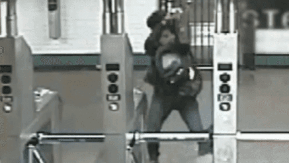 Woman with hammer smashes 'tap-and-go' screens at Harlem subway station (NYPD Crime Stoppers via Storyful)