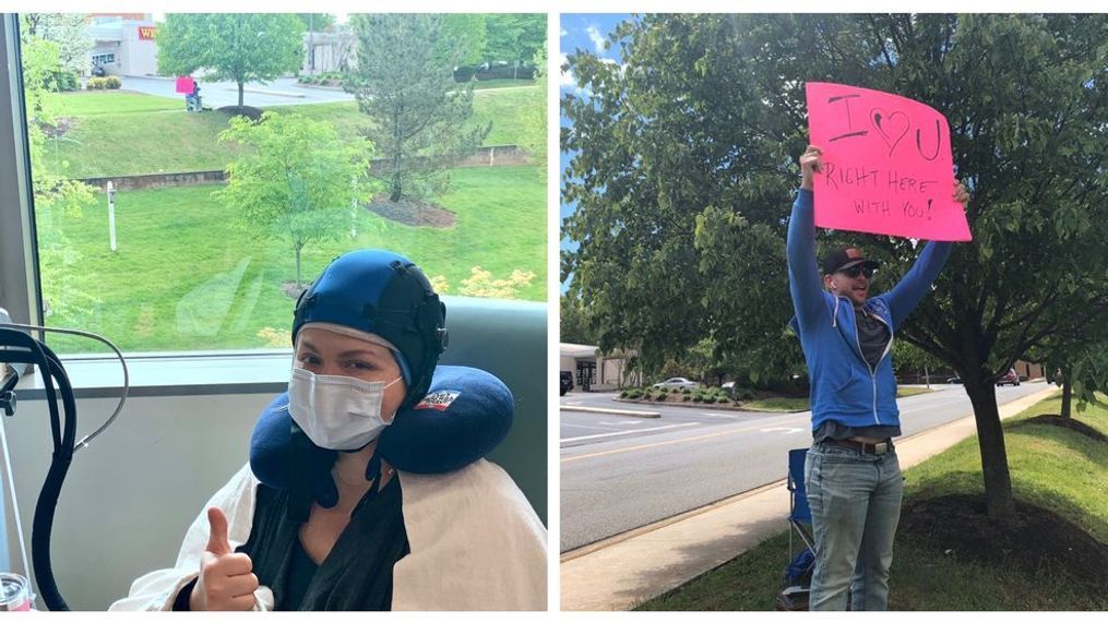 Although Daryl can't be inside the hospital due to restrictions, he's sitting outside of Pearson Cancer Center where his wife, Johanna, is getting chemo with a sign that says "I love you" (Provided by Calfees/WSET)