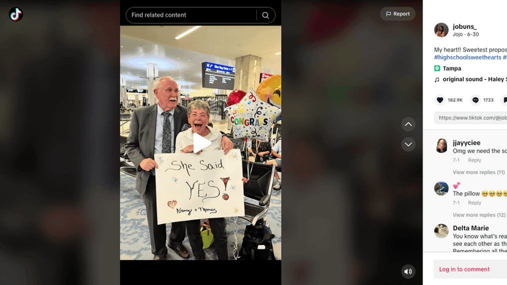 This screenshot from TikTok user @jobuns_ shows a video with over 1 million views of an airport proposal in Tampa, Fla., between two people who first met 60 years ago in high school. (TikTok/@jobuns_)