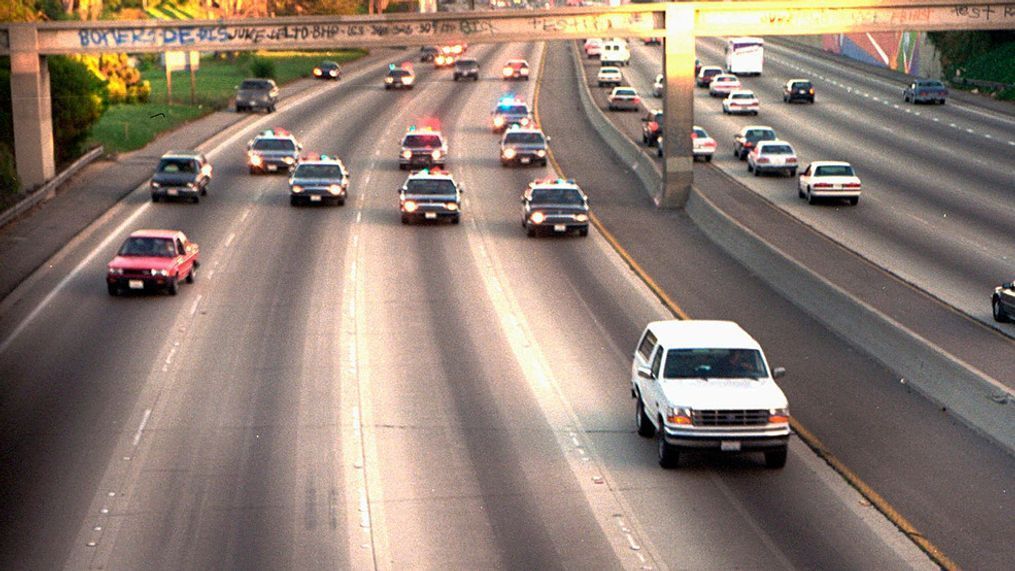 FILE - In this June 17, 1994, file photo, a white Ford Bronco, driven by Al Cowlings carrying O.J. Simpson, is trailed by Los Angeles police cars as it travels on a freeway in Los Angeles. (AP Photo/Joseph Villarin, File)