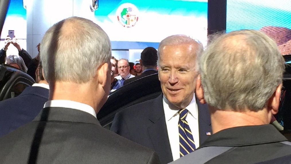 Vice President Joe Biden stops by the Chevrolet display at the North American International Auto Show. (Sinclair Broadcat Group / Mike Woolfolk)