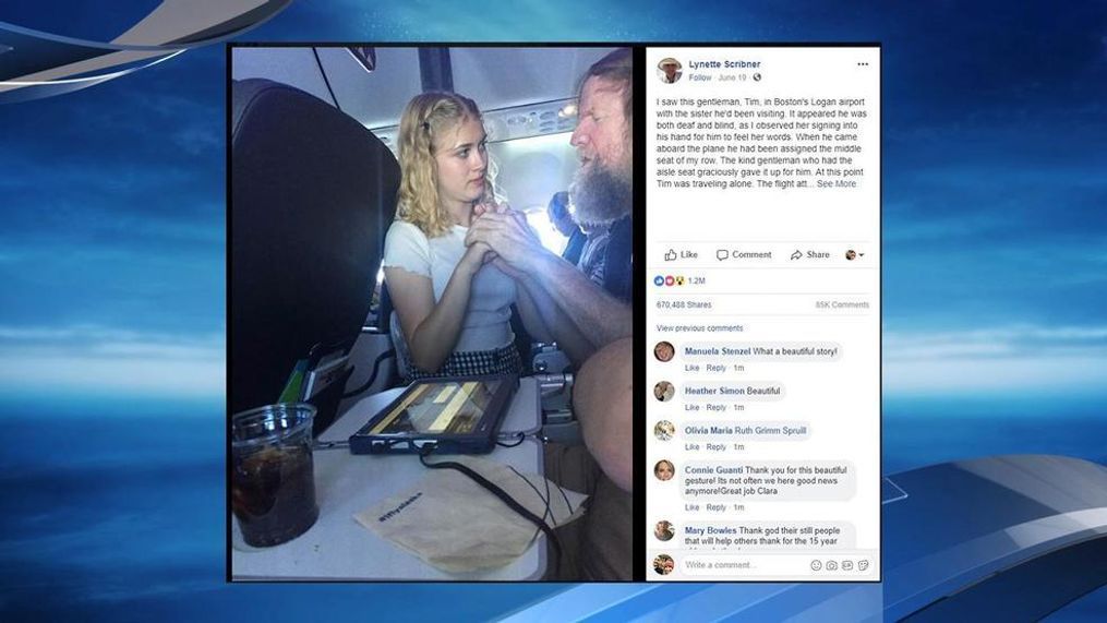 A 15-year-old girl helped a deaf and blind man communicate with flight attendants on a flight from Boston to Portland. Screenshot of post by Lynette Scribner{&nbsp;}