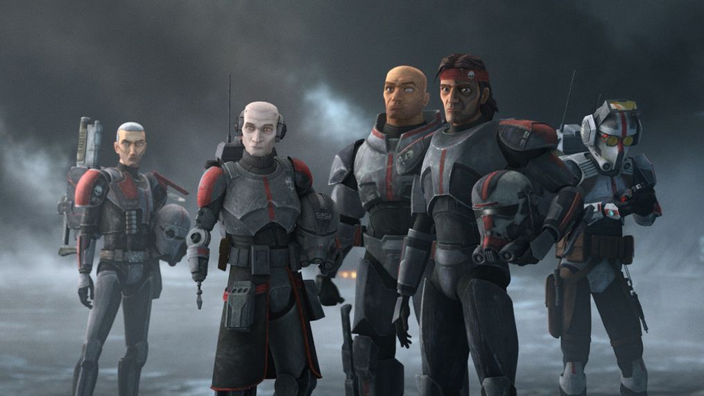 (L-R): Crosshair, Echo, Wrecker, Hunter and Tech in a scene from "STAR WARS: THE BAD BATCH", exclusively on Disney+. © 2021 Lucasfilm Ltd. & ™. All Rights Reserved. (Photo:{&nbsp;} Disney+/Lucasfilm){&nbsp;}