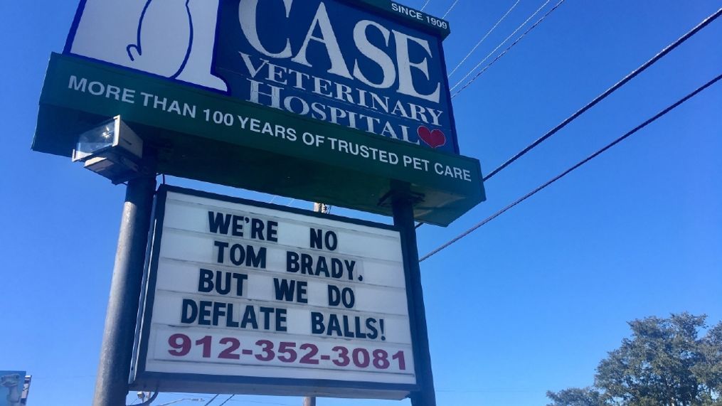 Case Veterinary Hospital in Savannah, Ga. is playing a word game with its sign ahead of the face-off between the Atlanta Falcons and New England Patriots in Super Bowl LI. (WTGS/Josie Gregory)