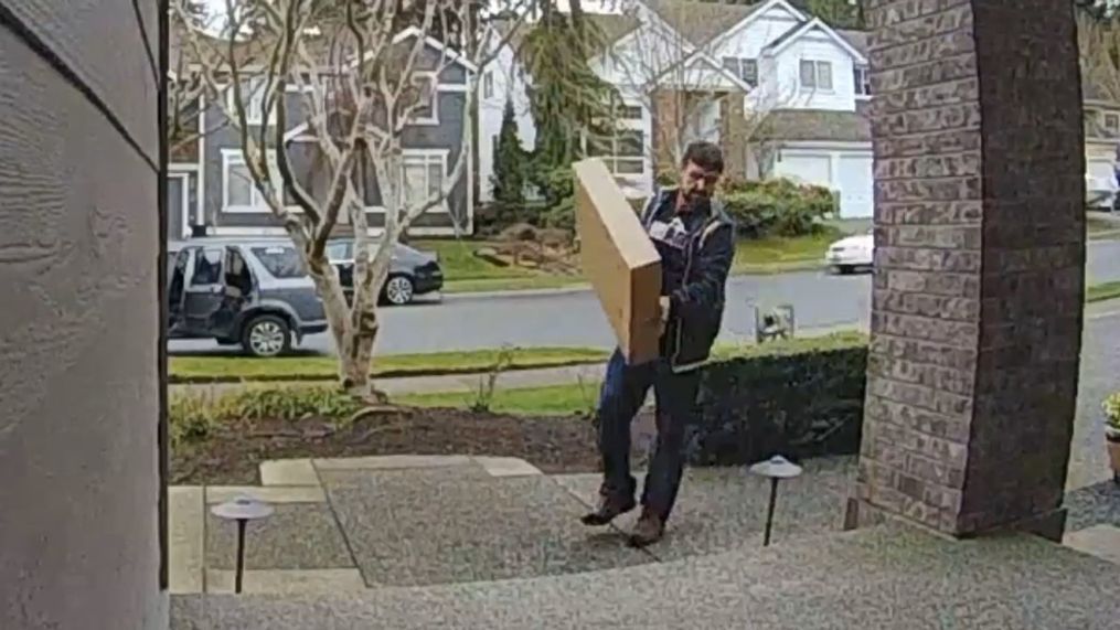 Mill Creek Police are asking people to watch out for a package thief who is posing as a delivery man. (Photos: still image from security video)