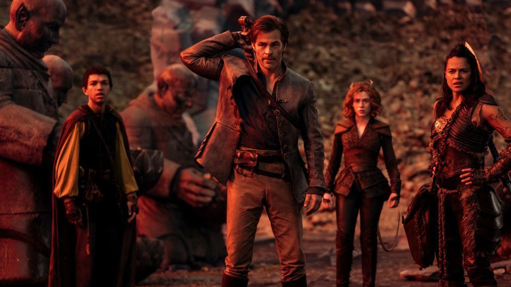 Justice Smith plays Simon, Chris Pine plays Edgin, Sophia Lillis plays Doric and Michelle Rodriguez plays Holga in Dungeons & Dragons: Honor Among Thieves from Paramount Pictures.