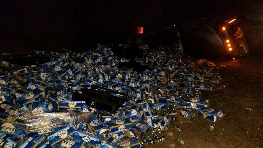 Truck driver spills 60,000 pounds of beer on I-10 in Okaloosa County, Fla. (Florida Highway Patrol)