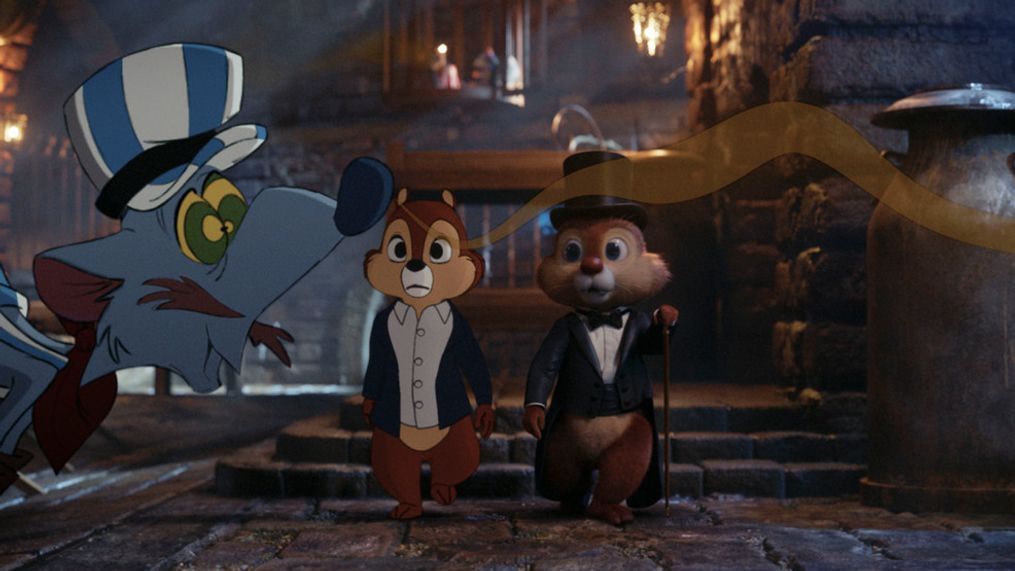 Chip (voiced by John Mulaney) and Dale (voiced by Andy Samberg) in Disney's live-action CHIP N' DALE: RESCUE RANGERS, exclusively on Disney+. Photo courtesy of Disney Enterprises, Inc. © 2022 Disney Enterprises, Inc. All Rights Reserved.