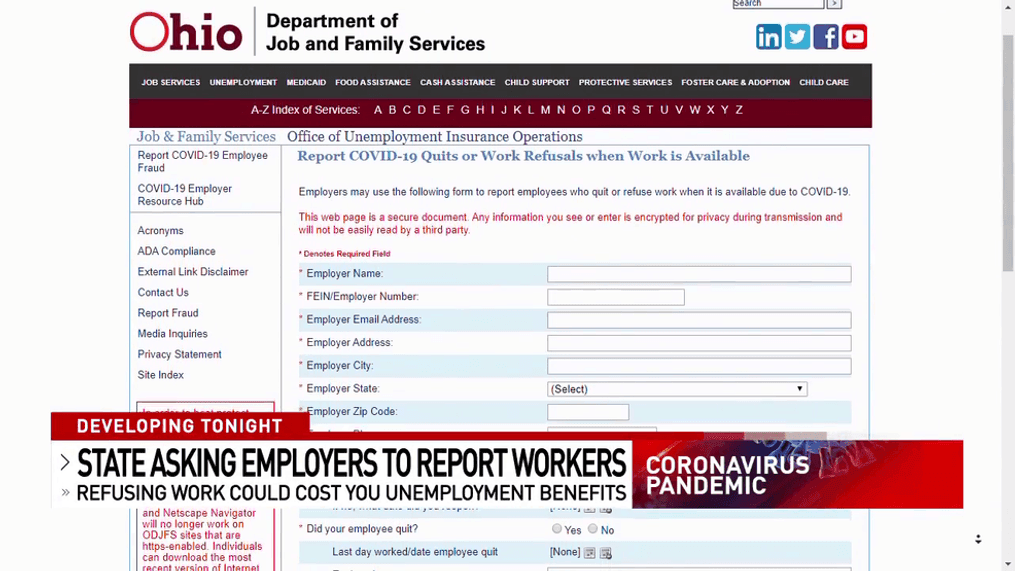 The Ohio Department of Job and Family the state is now asking businesses to report those workers who refuse to return to work. (WSYX/WTTE)