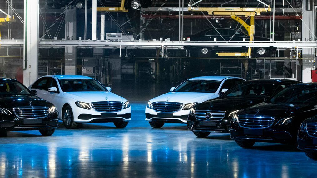 Cars are seen during an opening ceremony of the Mercedes Benz automobile assembly plant outside Moscow, Russia, Wednesday, April 3, 2019. Germany's Daimler AG has opened a new Mercedes factory in Russia, part of a 250 million euro ($281 million) investment it says will create 1,000 jobs. (AP Photo/Pavel Golovkin, Pool)