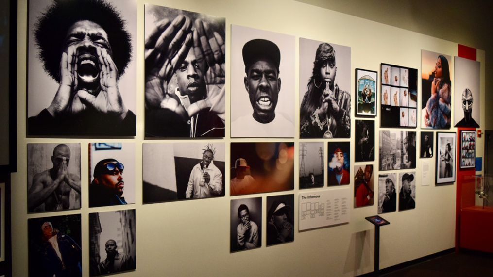 Photos of famous hip-hip artists at the MoPOP's hip-hop exhibit, Contact High: A Visual History of Hip-Hop.{&nbsp;}The MoPOP is celebrating the 50th anniversary of hip-hop throughout the month of August with special events, pop-ups, and exhibits honoring hip-hop's history. (Photo Credit: MoPOP)