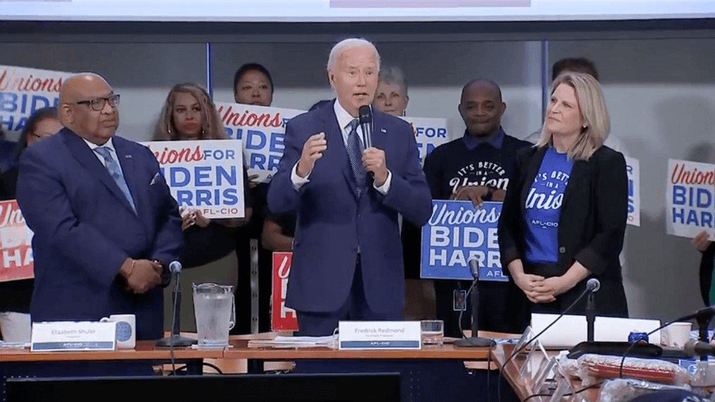 President Joe Biden speaking after a meeting of national union leaders at the AFL-CIO Headquarters on Wednesday, July 10, 2024. (The National Desk)