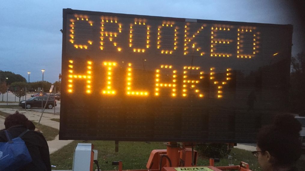 A hacked road sign in Lake Ridge, Va. reads, "CROOKED HILARY (sic) IS A B****, VOTE TRUMP." (Courtesy Kenneth Acoff)