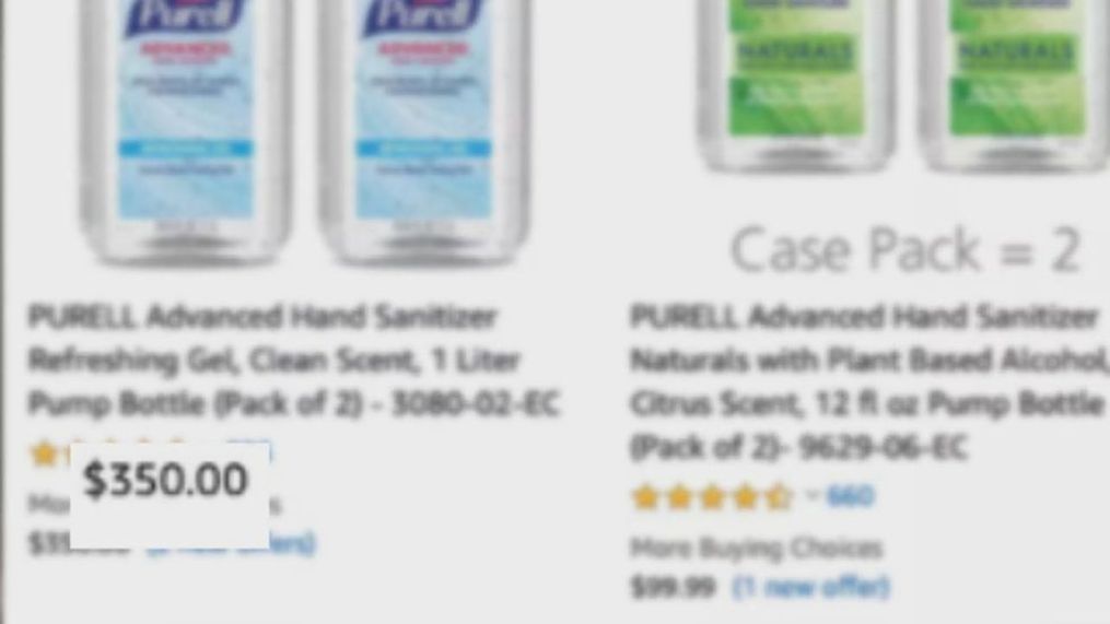 U.S. PIRG screen shot shows two 1 liter bottles of hand sanitizer being sold for $350.00{p}{/p}