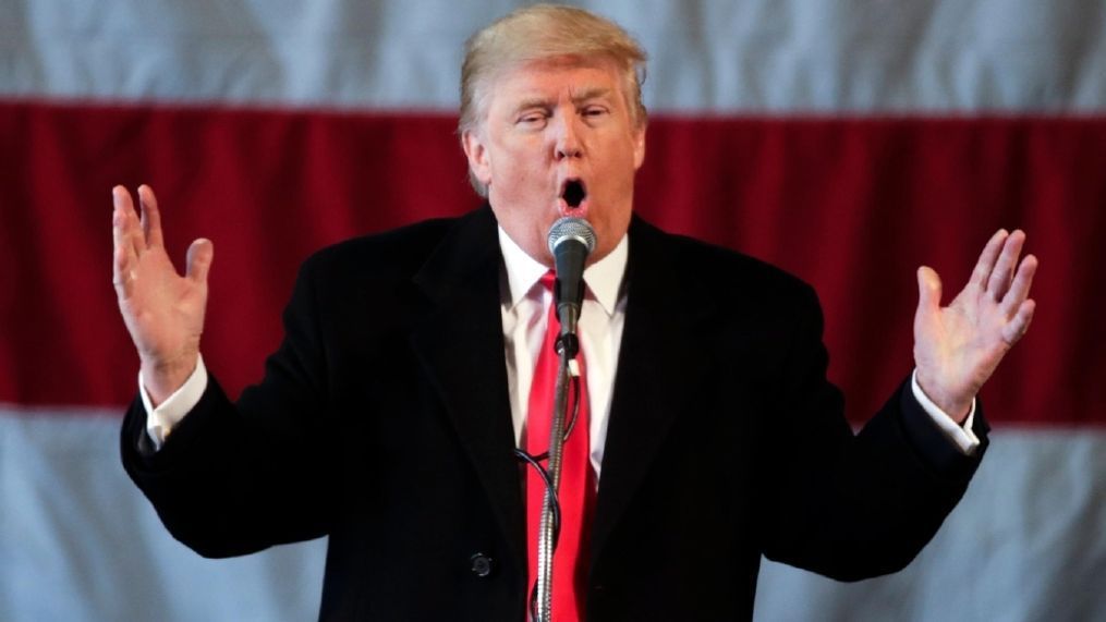 Republican presidential candidate Donald Trump speaks during a rally at JetSmart Aviation Services on Sunday, April 10, 2016, in Rochester, N.Y. (AP Photo/Mike Groll)