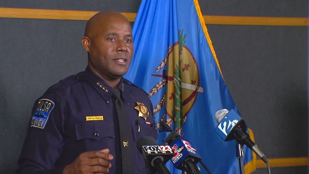 Police Chief Wendell Franklin Monday, Sept. 14, 2020, discusses the release of video that shows two officers being shot after a traffic stop in June in Tulsa, Okla. (KTUL photo)